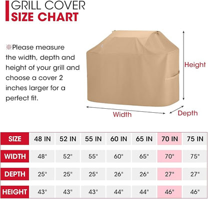 Unicook 70 Inch Grill Cover for Outdoor Grill, Heavy Duty Large BBQ Cover with Handles and Straps, Compatible with Weber Charbroil Nexgrill Kenmore Grills etc, All Weather Protection, Light Brown