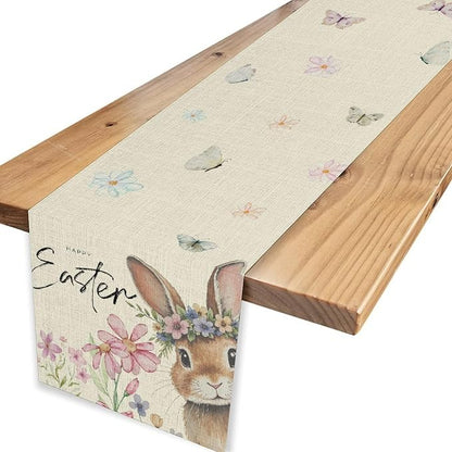 Easter Table Runner,Boho Floral Bunny Rabbit Butterflies Pink Blue Spring Easter Table Center Decor for Family Kitchen and Living Room Outdoor Farmhouse Party Table Decorations, 13"x108"