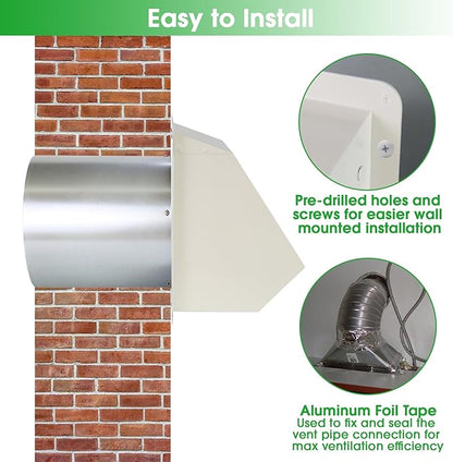 4 Inch Dryer Vent Cover Outside Hooded Wall Vent with Screen and Damper, Exhaust Vent Wall Mount Exterior Wall Vents Cover Cap for Dryer Ventilation&Outdoor Air Exhaust,Galvanized Steel,White