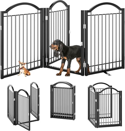 BHG Metal No-Assembly Freestanding Dog Gate with Door Walk Through, Extra Wide 72", Extra Tall 32" Pet Gate, Accordion Puppy Folding Playpen Dog Fence, with 2PCS Support (Black, 3 Panels)