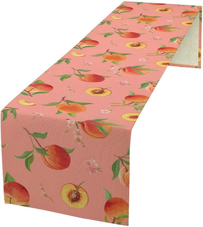 Pink Cute Peach Table Runner, Colorful Summer Fruit Floral Table Runner for Kitchen Dining Party Holiday Home 13x90in