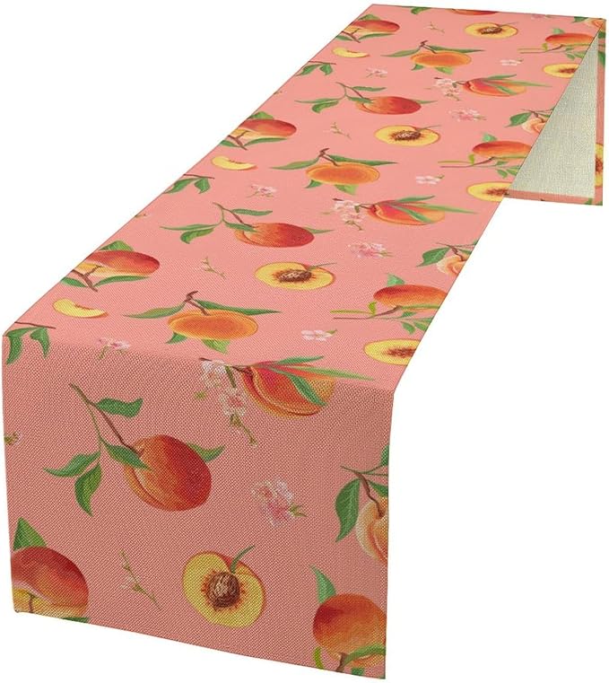 Pink Cute Peach Table Runner, Colorful Summer Fruit Floral Table Runner for Kitchen Dining Party Holiday Home 13x120in