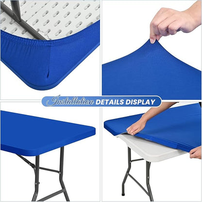 6 Pack Stretch Fabric Table Top Cap Cover, fits 8Ft Tables, Spandex Table Covers Washable Elastic Universal Rectangle Tablecloth Protector for Outdoor Party Picnic Wedding, Royal Blue, 30" W x 96" L