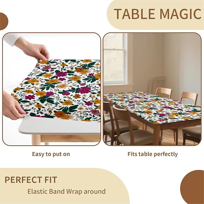 Rectangle Table Cloth Cover Waterproof Elastic Fitted Polyester Fitted Tablecloths for 6 Foot Tables for Indoor,Picnic, Camping, Outdoor （60" x 30"，Floral Print）