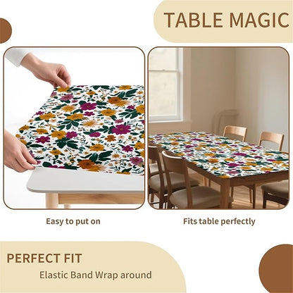 Rectangle Table Cloth Cover Waterproof Elastic Fitted Polyester Fitted Tablecloths for 6 Foot Tables for Indoor,Picnic, Camping, Outdoor （60" x 30"，Floral Print）