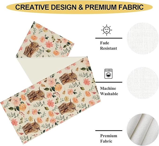 Cow Table Runner, Rustic Farmhouse Pink Floral Flower Spring Summer Yak Leaves Seasonal Coffee Table Center Decor for Home Kitchen Dining Patio Holiday Party Indoor Outdoor Table Decorations, 13"x72"