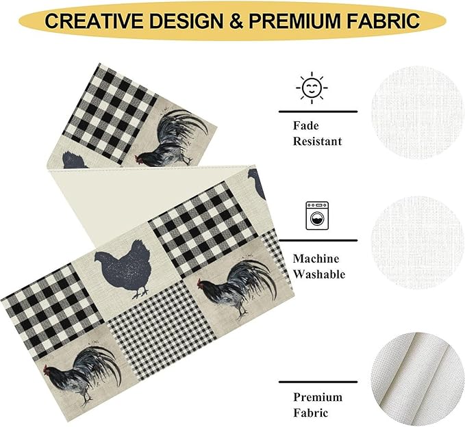 Farmhouse Rooster Table Runner, Vintage Rooster Retro Farmhouse Country Chicken Buffalo Checked Coffee Table Center Decor for Home Kitchen Dining Patio Holiday Party Table Decorations 13"x90"