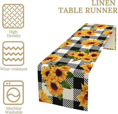 Yellow Sunflower Table Runner, Vintage Farmhouse Black White Sunshine Sunflowers Print for Autumn Farmhouse Home Kitchen Table Decoration,13x60inch