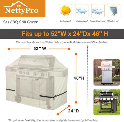 NettyPro Gas BBQ Grill Cover 52 Inch Waterproof 600D Heavy Duty Outdoor Barbecue Cover for Weber, Char-Broil, Brinkmann, Nexgrill Grills and More, Light Tan