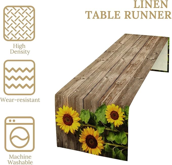 Sunflower Floral Table Runner, Country Farmhouse Vintage Spring Flower Rustic Wooden Plank Kitchen Dining Table Decoration for Indoor Outdoor Home Party Decor, 13x70inch