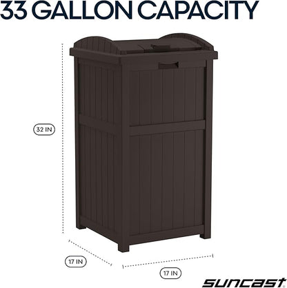 Suncast 33 Gallon Durable Plastic Hideaway Outdoor Garbage Can with Secure Lid and Wicker Design for Home Backyards, Decks, or Patios, Java Brown
