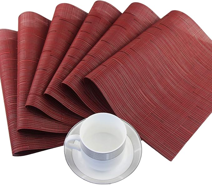 Plastic Placemats,Non Slip Washable Placemats for Dining Table Wipe Clean Table Mats Set of 6(Burgundy Red)