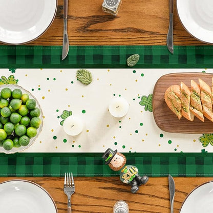 Artoid Mode Shamrock Buffalo Plaid Gnomes Lucky St. Patrick's Day Table Runner, Kitchen Dining Table Decor for Outdoor Home Party Decor 13 x 60 Inch