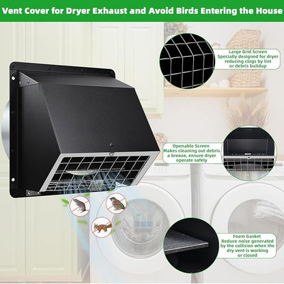 Dryer Vent Cover Outside 6" Vent Cover Exterior Wall Vent Hood Outlet,Wall Mount Extractor Vent with Screen&Cushioned Flap,Outdoor Dryer Exhaust Vent Cover Cap for Range Hood Duct HVAC Ventilation