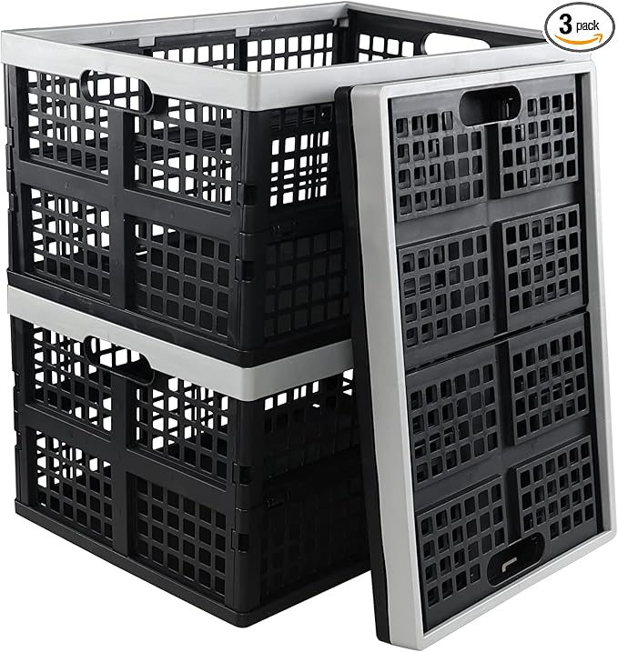 3-Pack 42 L Plastic Storage Collapsible Crate, Folding Plastic Stackable Utility Crate
