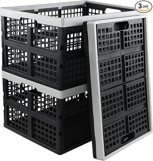3-Pack 42 L Plastic Storage Collapsible Crate, Folding Plastic Stackable Utility Crate