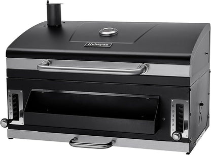 29 In Built-in Barbecue Grill, Charcoal bbq Grills with Liftable Tray, Insulated Hood & Temperature Gauge, Stainless Steel BBQ Barrel for Outdoor Kitchen, Camping, and Park – Black