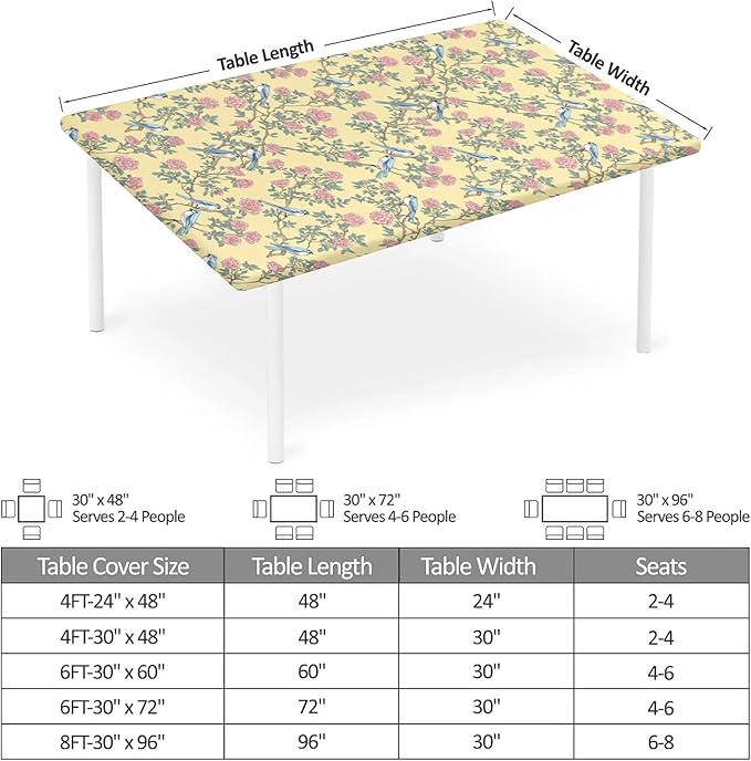 Rectangle Table Cloth Cover Waterproof Elastic Fitted Polyester Fitted Tablecloths for 4 Foot Tables for Indoor,Picnic, Camping, Outdoor （48" x 24"，Bird）