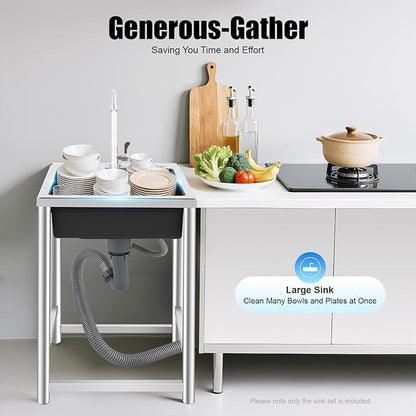 Free Standing Single Bowl Kitchen Sink Commercial, Outdoor Utility Sink Stainless Steel with Water Pipe Faucet Small Portable Sink Hand Wash Station for Garage Garden Backyard (18X16X30in)
