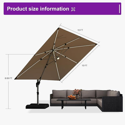 PURPLE LEAF Cantilever Umbrella 10' X 10' Solar LED Light Patio Deck, Support - Image 7