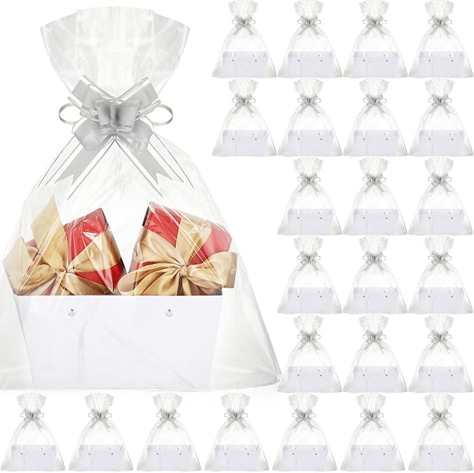 PerKoop 24 Pack Baskets for Gifts Empty Bulk 6.5 x 9.8'' Thick Kraft Gift Basket with Bows and Bags Empty Gift Baskets for Valentine's Day Easter Birthdays Wedding Snacks Farmers Market(White)