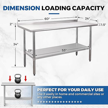 Profeeshaw Stainless Steel Prep Table NSF Commercial Work Table with Backsplash and Undershelf for Kitchen Restaurant 60x24 Inch