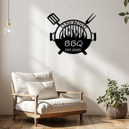 Custom BBQ Metal Sign, Personalized Grill Name Plate with LED Light, 1.2MM Thick Magnetic Installation, Unique Gift for Chefs & Backyard Kitchen Wall Decor (Style A)