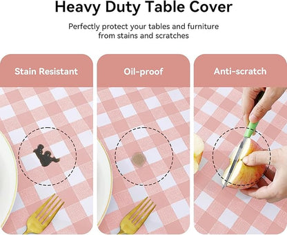 Romanstile Rectangle Vinyl Tablecloth, 100% Waterproof Checkered Plastic Table Cloth, Heavy Duty Buffalo Gingham Table Cover for Dining, Camping, Picnic, Outdoor - 54 x 120 Inch, Light Pink
