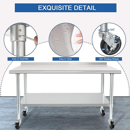 HARDURA Stainless Steel Table 24 x 60 Inches with Wheels Casters NSF Heavy Duty Commercial Prep Table with 2” Backsplash and Adjustable Undershelf for Restaurant Kitchen Home and Hotel