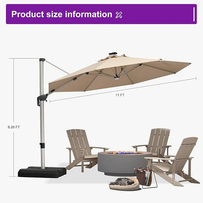 PURPLE LEAF Cantilever Patio Umbrella 11ft Round Solar LED Light, Support to - Image 8