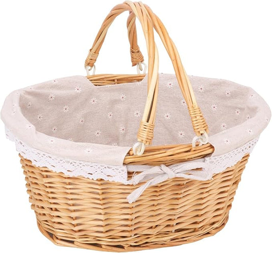 Natural Wicker Basket with Linen Lining, Woven Picnic Basket with Handle, Large Picnic Basket, Stylish Hand-Woven Favors Storage Basket for Picnic, Camping, Outdoor Party