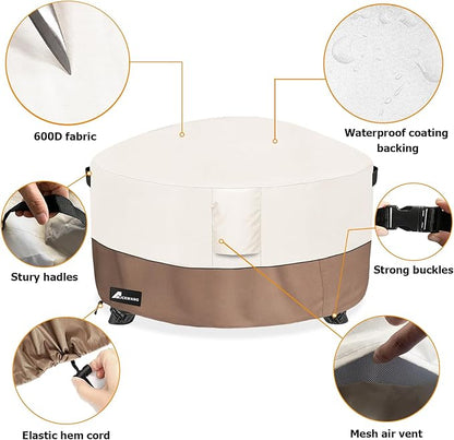 Fire Pit Cover Round 32 Inch Waterproof,Outdoor Heavy Duty Durable 600D Tear-Resistant Fire Pit Table Cover,Patio Round Firepit Cover 32" D x 16" H, Beige