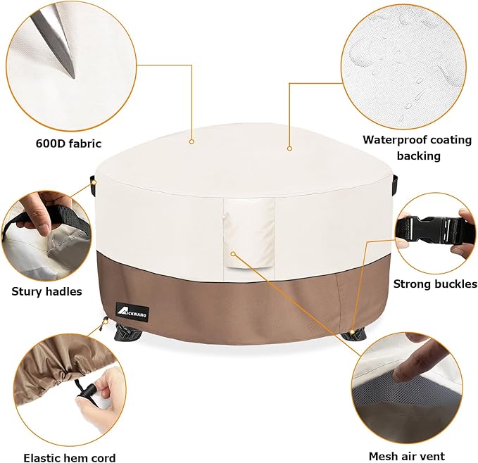 Fire Pit Cover Round 44Inch Waterproof,Outdoor Heavy Duty Durable 600D Tear-Resistant Fire Pit Table Cover,Patio Round Firepit Cover 44" D x 24" H, Beige