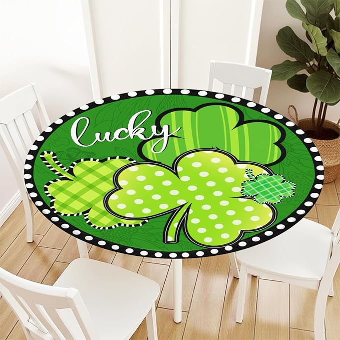 St Patricks Day Round Fitted Tablecloth with Elastic Green Shamrock Lucky Circle Table Cover for 48-52" Tables Spring Clover Wipeable Waterproof Washable Table Cloth for Party Picnic Dining Decor