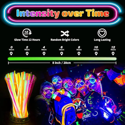 100 Pcs Glow Sticks Bulk, 8" Glow in the Dark Party Supplies - Neon Glow Stick Bracelets & Necklaces for Festivals, Concerts, Raves, Night Clubs, Halloween, Christmas, Birthdays