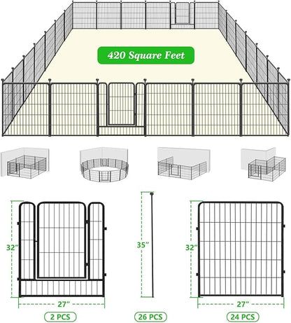 Garden Fence with Gate Metal Fencing Outdoor for Yard, 32in x60ft 26 Panels Outdoor Dog Fence Temporary Fence for Dogs Outside, Rustproof Garden Fencing Flower Bed Edging for Patio