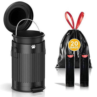 Dog Poop Trash Can Outside, 20L/5Gal Metal Outdoor Trash Can with Lid, Foot Pedal, Dog Waste Container with 20 Bags, Pet Poop Bucket with Soft Close for Backyard Odor Control, Round Black