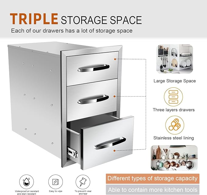 Outdoor Kitchen Drawers, Flush Mount Triple Access BBQ Drawers With Stainless Steel Handle, BBQ Island For BBQ Island Patio Grill Station,Three Drawers