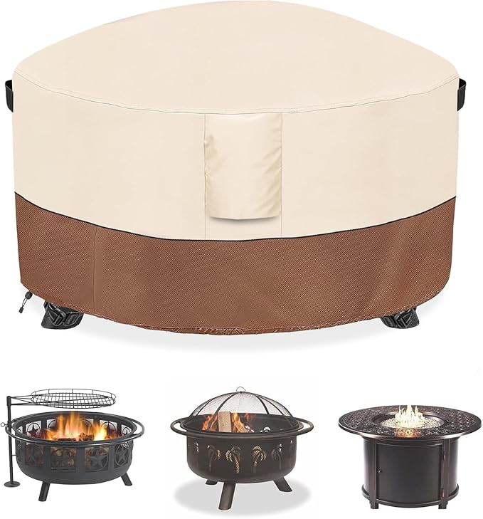 Fire Pit Cover,Outdoor Heavy Duty 600D 100% Waterproof Fire Pit Cover Round,Weatherproof Firepit Covers Round 38" Dia x 24" H,Beige & Brown