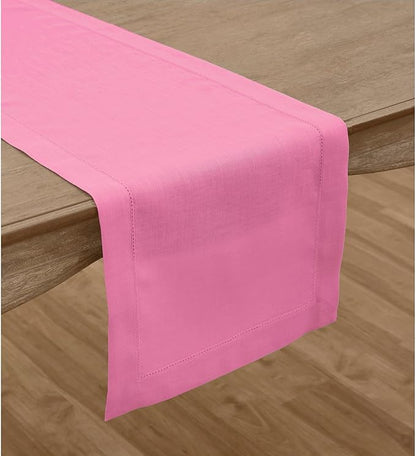 Solino Home Linen Flamingo Pink Table Runner 132 Inches Long - 100% Pure Linen Extra Long Table Runner 14 x 132 Inch for Valentines, Spring, Easter - Classic Hemstitch