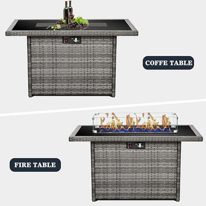 44 Inch Propane Gas Fire Pits Table for Outside Patio, 60000 BTU Rectangular Outdoor Wicker Rattan Fire Pit with Glass Wind Guard