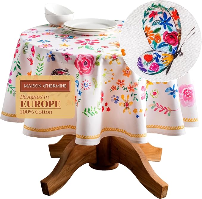 Maison d' Hermine Table Cloth Round Table 100% Cotton 69 Inches Tablecloth Reusable Decorative for Dining Room, Farmhouse, Home, Party, Festive & Wedding Spring Summer - Happy Florals - Sweety