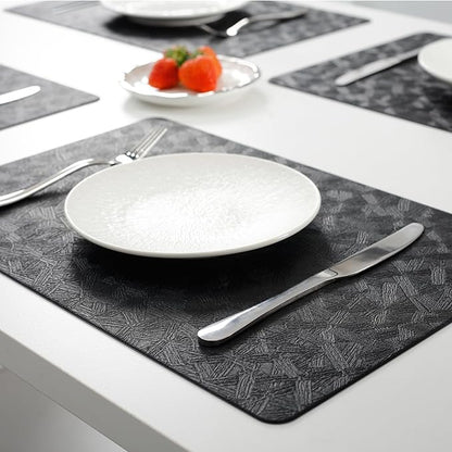 Vinyl Placemats Set of 6 Heat Resistant Easy Clean Non-Slip Place Mats for Dining Table. Faux Leather Waterproof Stain Resistant Wipeable Washable PVC Table Mats(6, Black)