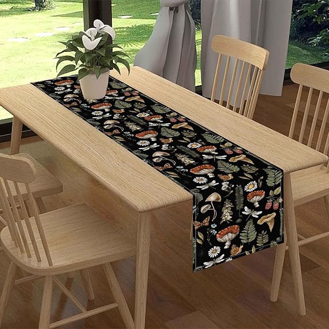 Mushroom Table Runner, Rustic Farmhouse Forest Plants Botanical Country Black Coffee Table Center Decor for Home Kitchen Dining Patio Holiday Party Indoor Outdoor Table Decorations, 13"x72" Inch