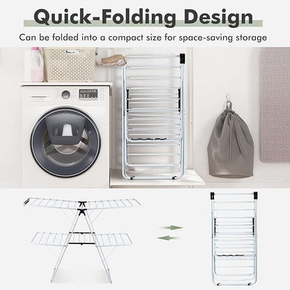 GOFLAME 2-Tier Clothes Drying Rack, Folding Laundry Dry Rack with Adjustable Supporting Bar, 26 Premium Clips, Space-Saving & Collapsible Laundry Hanger for Easy Storage, No Assembly Needed