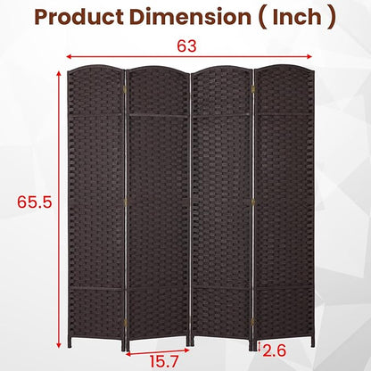 FDW Room Divider 4 Panel Screen 5.6 Ft Tall Partition Privacy Screens Folding Room Separation Free Standing Waterproof Wood Frame Wall Divider, Dark Brown