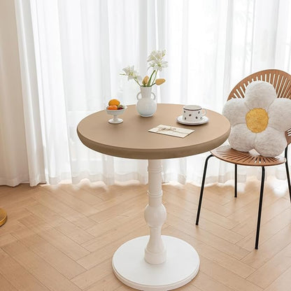 Round Fitted PU Tablecloth with High Elastic Edge 51 Inch Dia Waterproof Oil Proof Table Cloth Anti-scald Stain-Resistant Wipeable Table Cover for Indoor Outdoor Picnic (Cream Coffee,51"Dia)