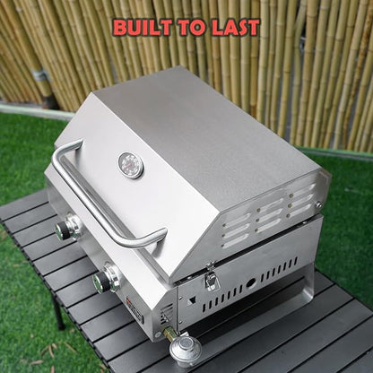 Tabletop Gas Griddle with Lid & Foldable Legs, 2-Burner BBQ Propane Flat Top Griddle, Portable Grill Stove for Outdoor Cooking Patio Party Camping Tailgating RV, Stainless Steel, GS318