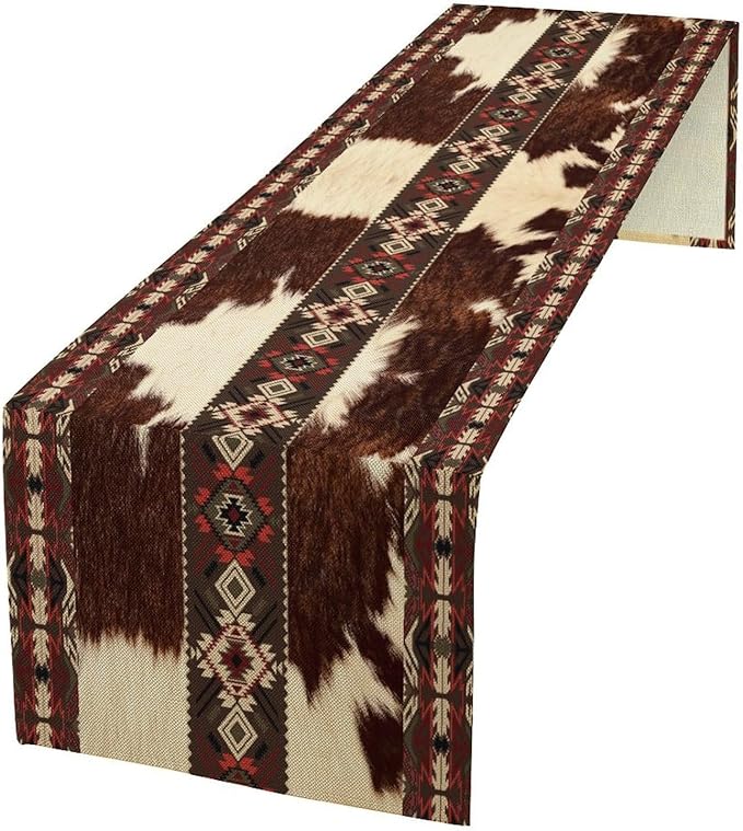 Cowhide Table Runner, Brown Cow Western Exotic Aztec Wild Animals Skin Table Runner for Kitchen Farmhouse Dining Home Outdoor Party 13x70in