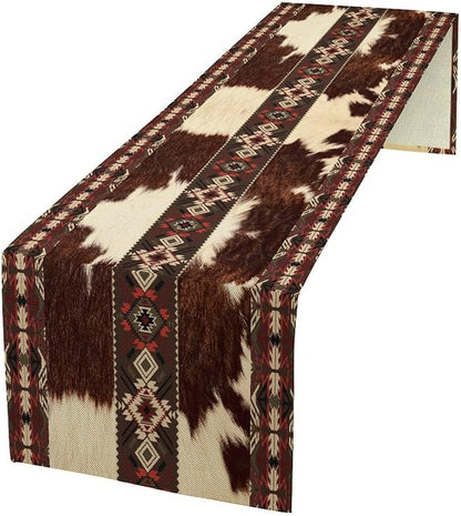 Cowhide Table Runner, Brown Cow Western Exotic Aztec Wild Animals Skin Table Runner for Kitchen Farmhouse Dining Home Outdoor Party 13x60in